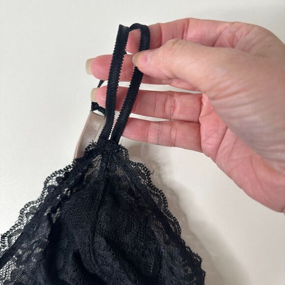 Black With Nude Edging Triangle Lace Bralette Adj Straps Hook & Eye Close Large - Picture 5 of 12